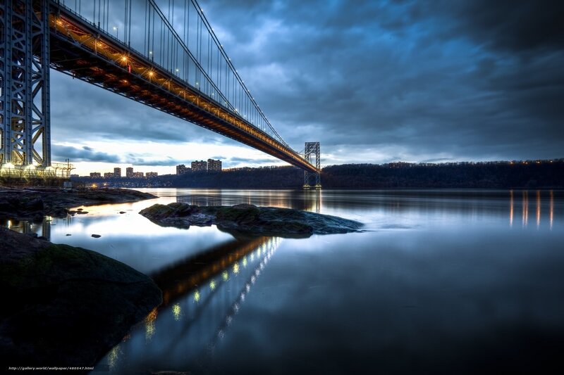 George Washington Bridge — Blue, Dramatic, Night, Photograph, River, City Skyline