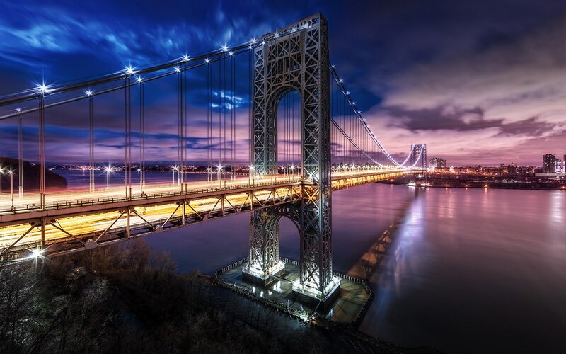 George Washington Bridge — Blue, Dramatic, Night, Photograph, River, Cityscape