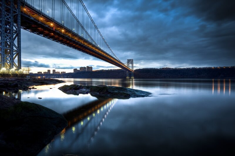 George Washington Bridge — Blue, Dramatic, Night, Photograph, River