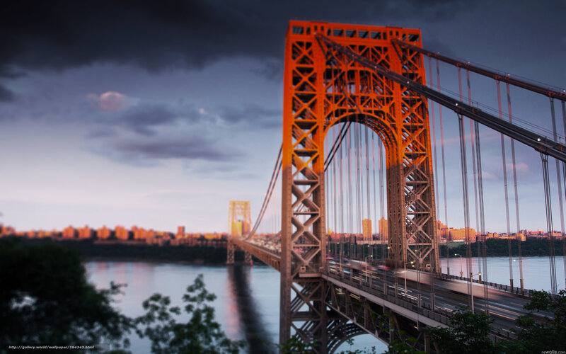George Washington Bridge — Orange, Dramatic, Sunset, Photograph, City Skyline, River, Trees