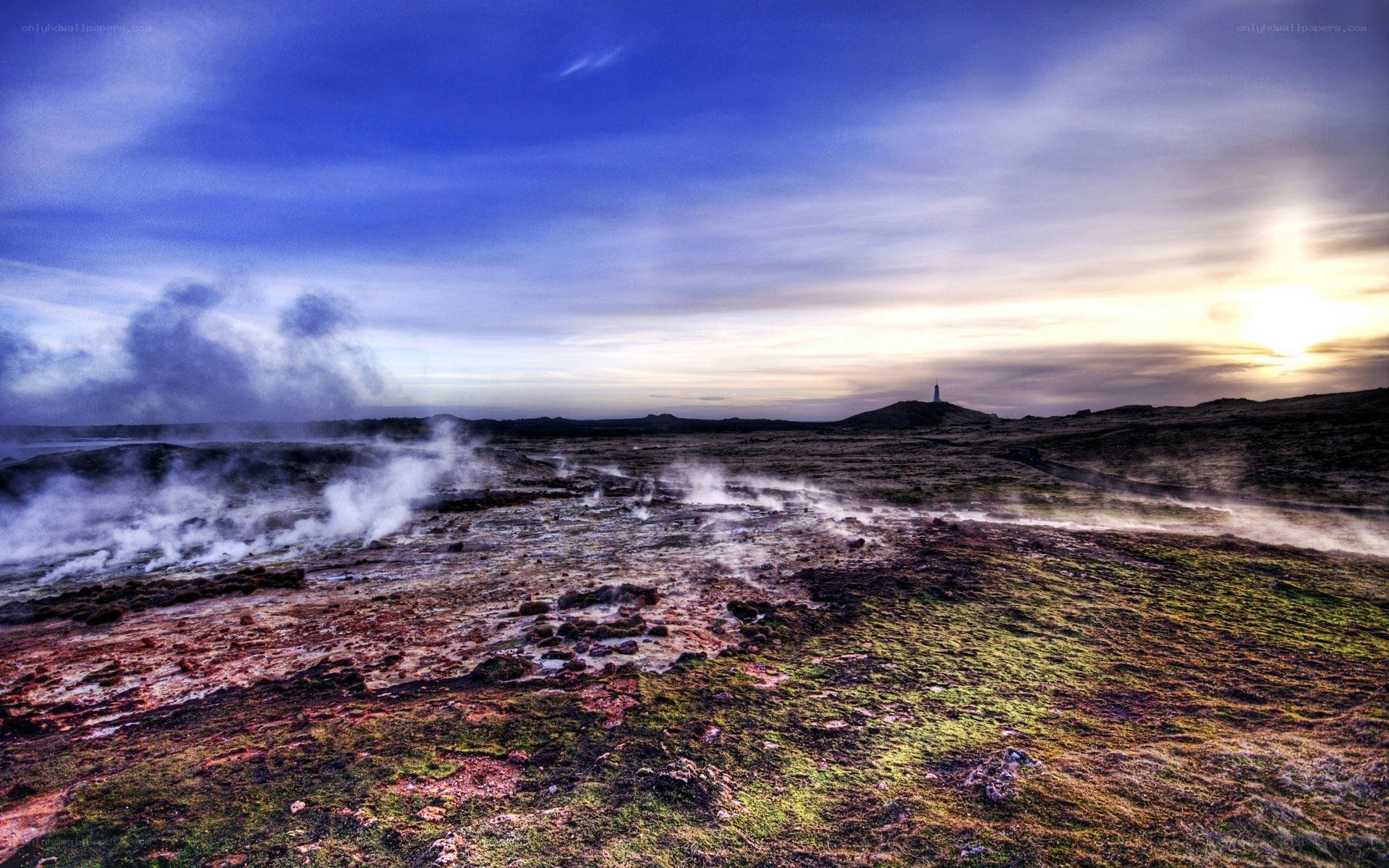 geothermal landscape at sunset