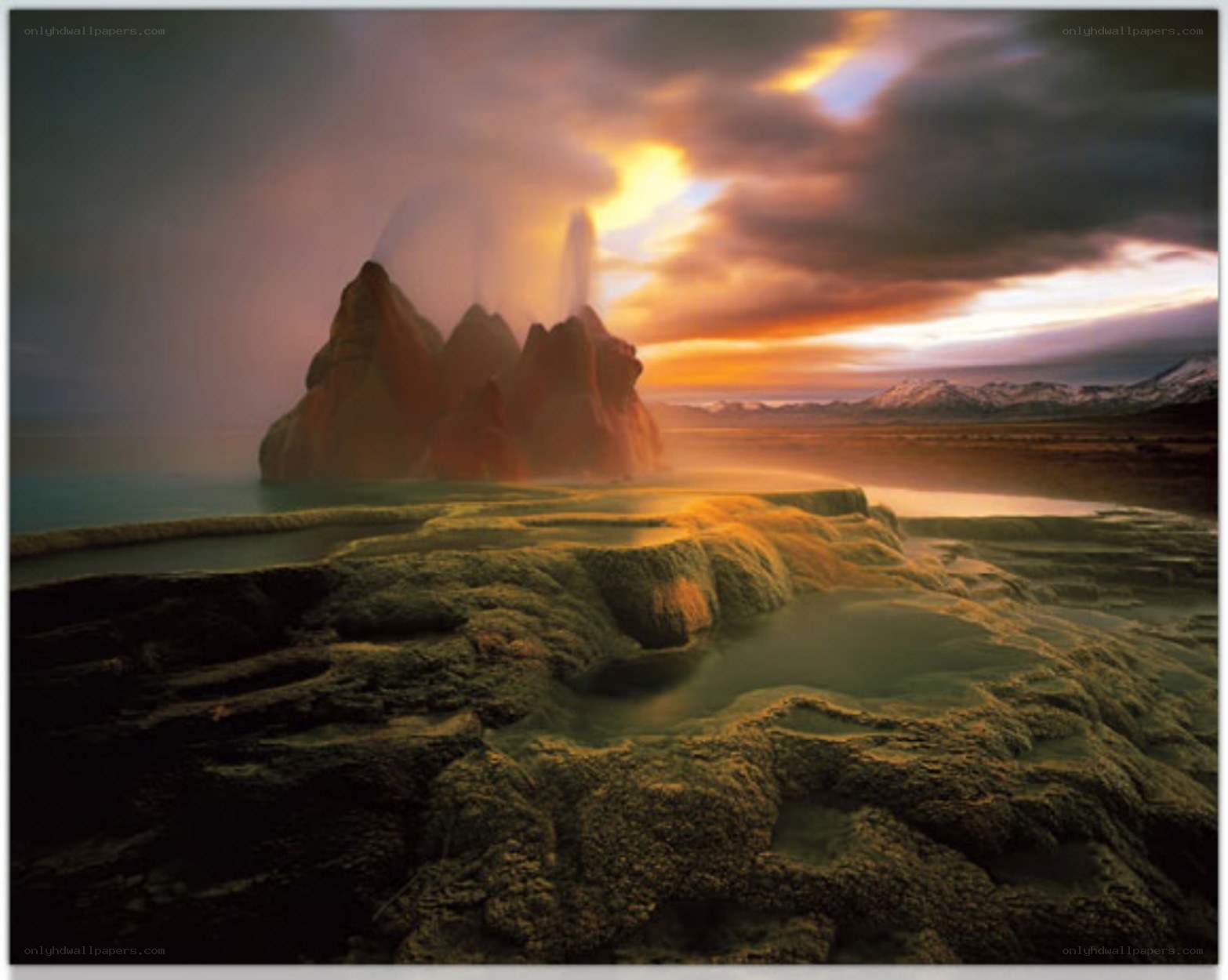 Geothermal landscape at sunset