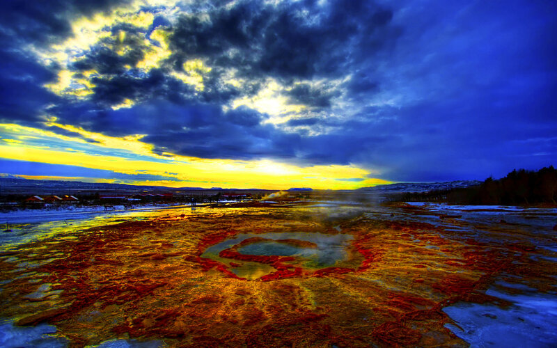 Geothermal landscape at sunset