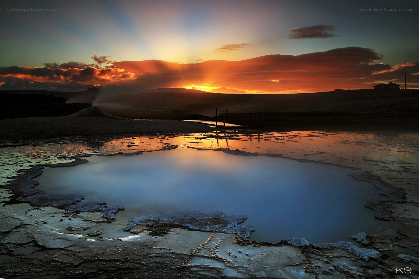 Geothermal landscape at sunset