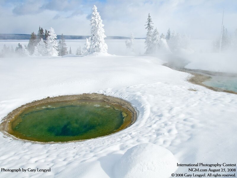 Geothermal Pool in Snow — White, Serene