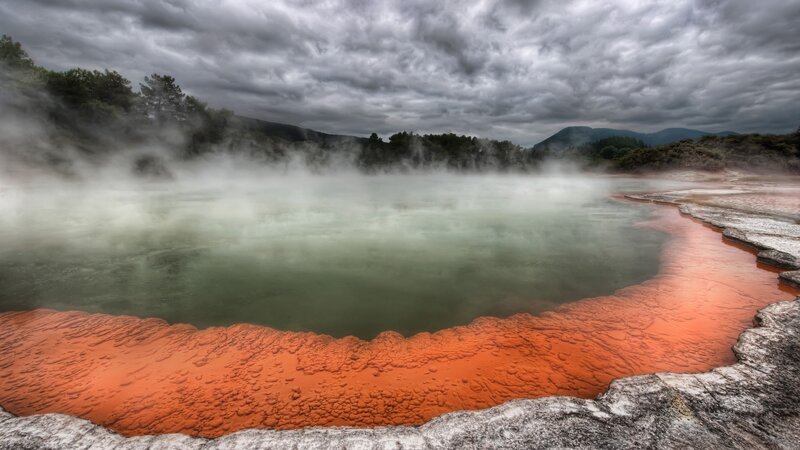 Geothermal Pool with Steam — Orange, Dramatic, Photograph, Trees