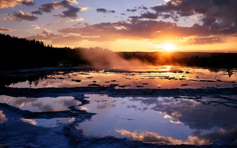 Geothermal Pools at Sunset — Orange, Dramatic, Photograph, Sun