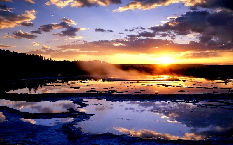 Geothermal Pools at Sunset — Orange, Dramatic