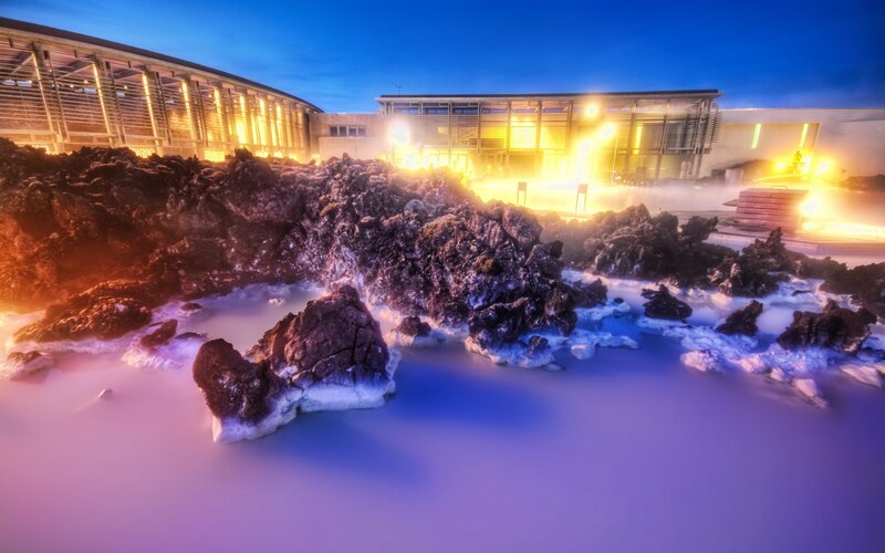 Geothermal Spa at Dusk — Blue, Serene