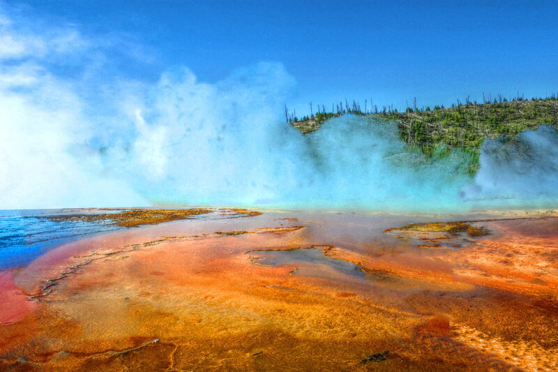 Geothermal Spring — Blue, Dramatic, Afternoon, Photograph, Steam, Trees, Pool