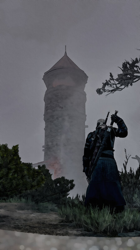 Geralt of Rivia — Gray, Dramatic, Digital Art, Tower