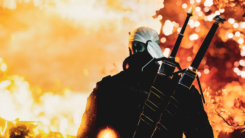 Geralt of Rivia — Orange, Dramatic, Sunset, Digital Art
