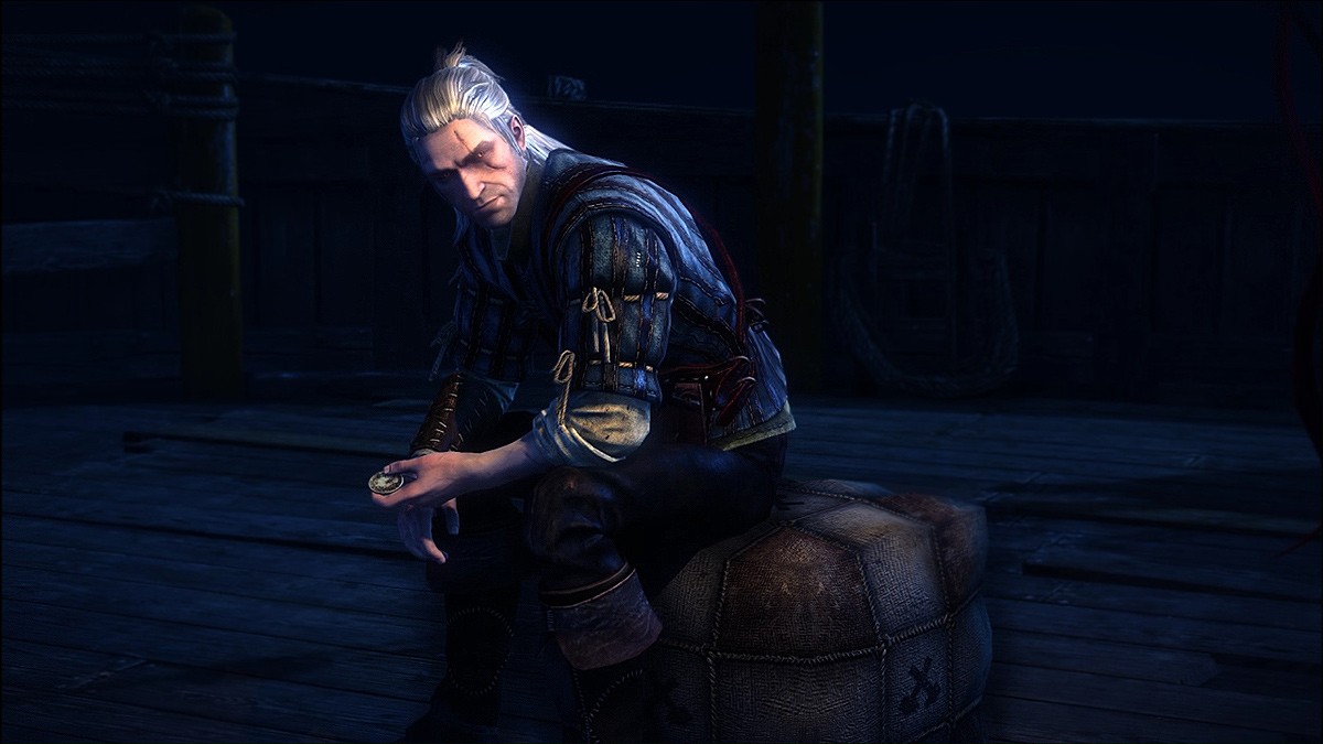Geralt sitting on a barrel
