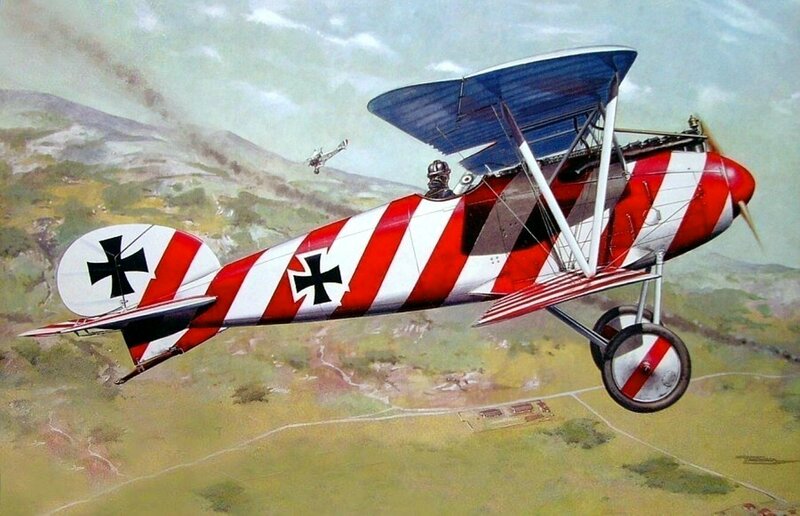 German Biplane in Flight — Red