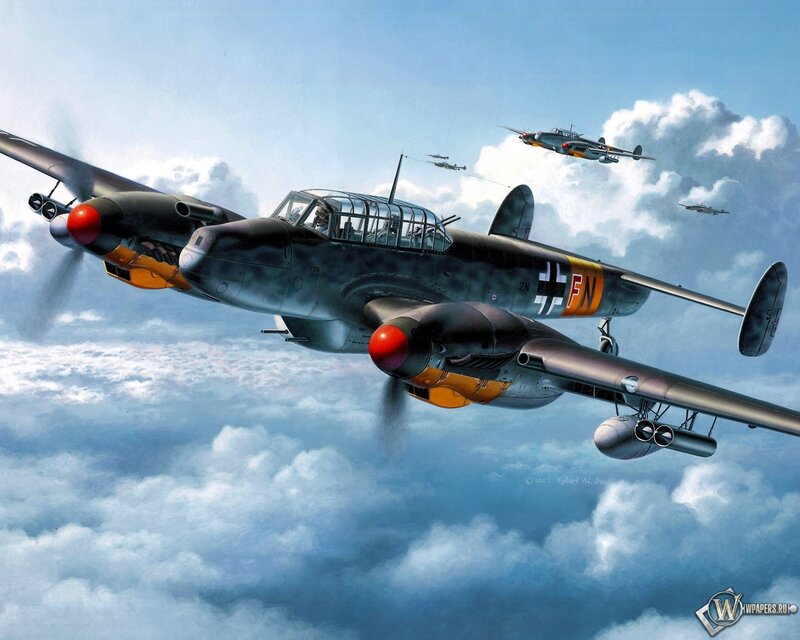 German Bomber Aircraft — Blue, Dramatic, Afternoon, Illustration, Clouds
