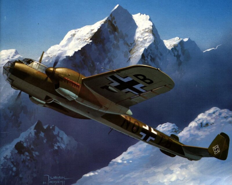 German Bomber Aircraft — Blue, Dramatic, Illustration