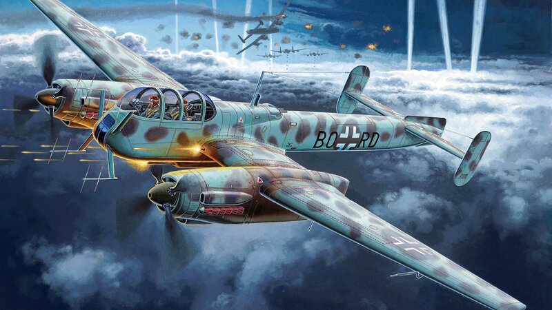 German Bomber Aircraft — Blue, Dramatic, Night, Illustration