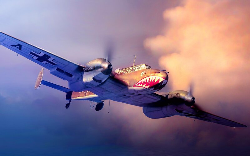 German Bomber Aircraft — Blue, Dramatic, Sunset, Digital Art