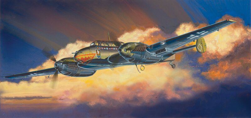 German Bomber Aircraft — Blue, Dramatic, Sunset, Painting
