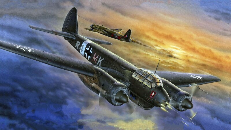 German Bomber Aircraft — Blue, Dramatic, Sunset