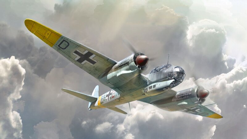 German Bomber Aircraft — Gray, Dramatic, Digital Art, Clouds