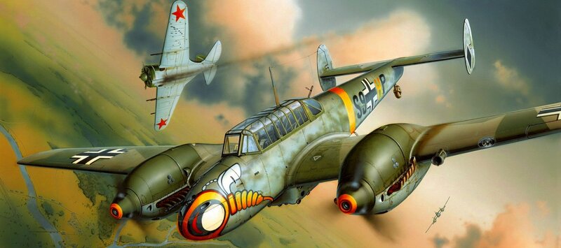 German Bomber in Flight — Green, Dramatic