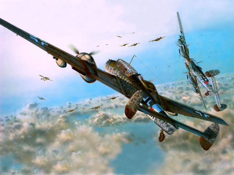 German Bombers in Flight — Blue, Dramatic