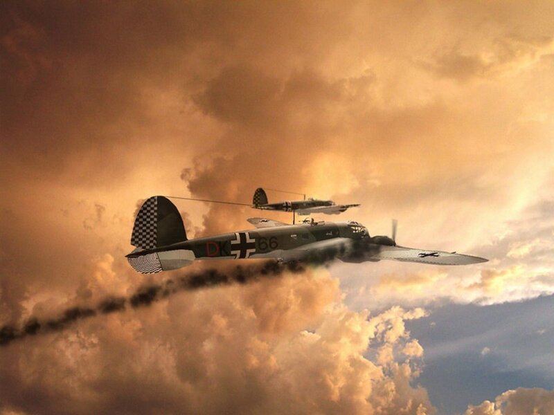 German Bombers in Flight — Orange, Dramatic, Sunset
