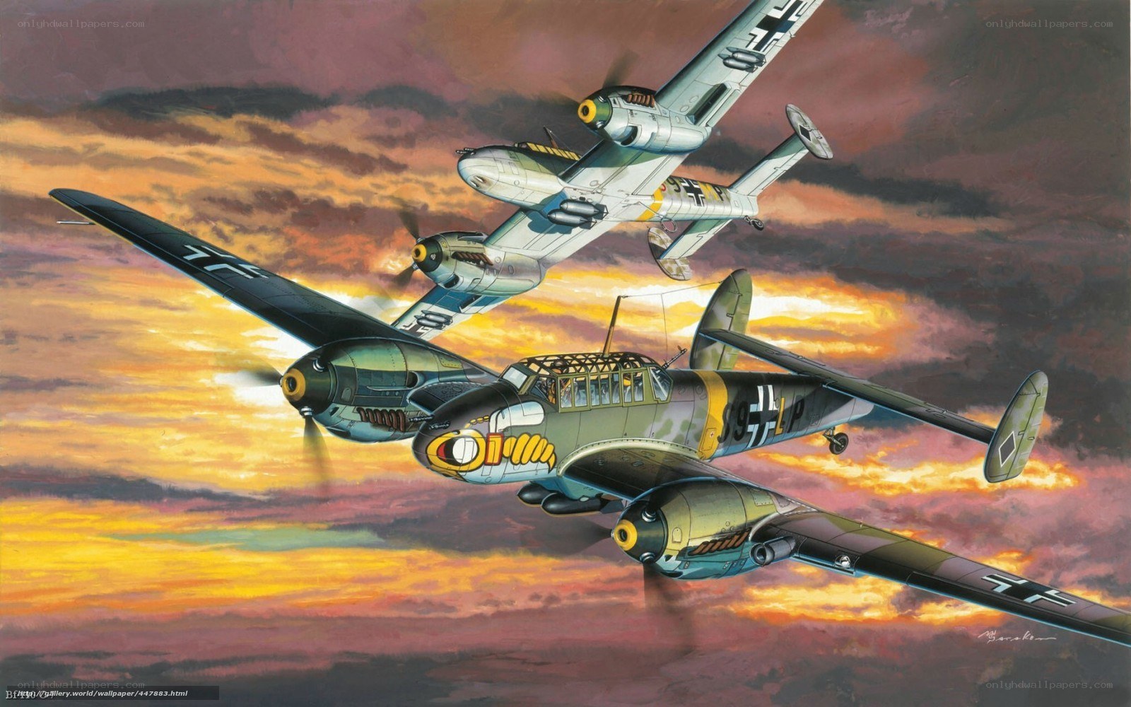 German bombers in sunset flight