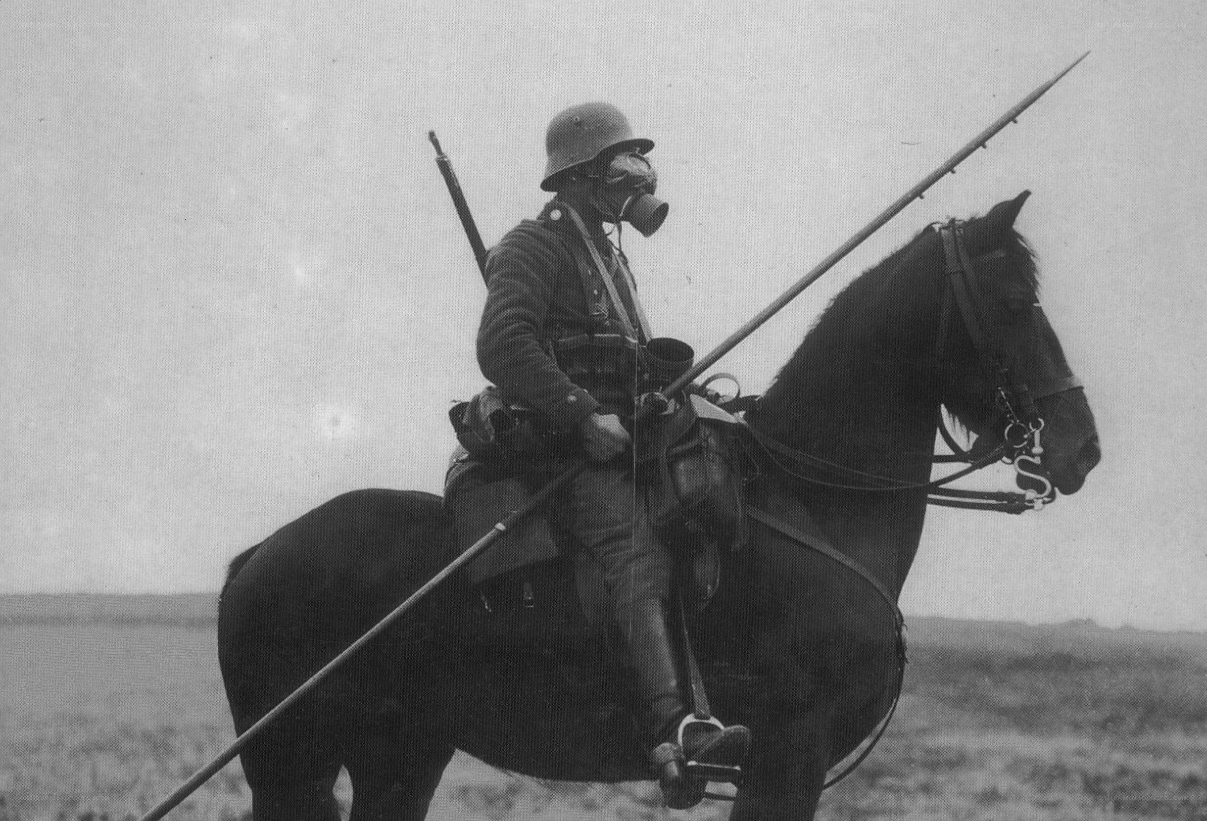German cavalry soldier with gas mask
