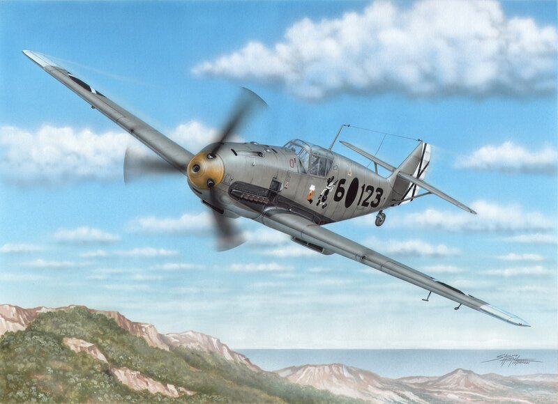 German Fighter Plane — Blue, Dramatic, Afternoon, Illustration, Mountains