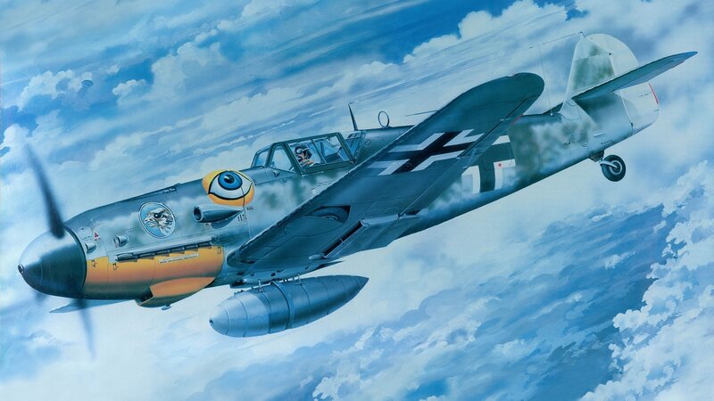 German Fighter Plane — Blue, Dramatic, Afternoon, Illustration, Propeller, Clouds