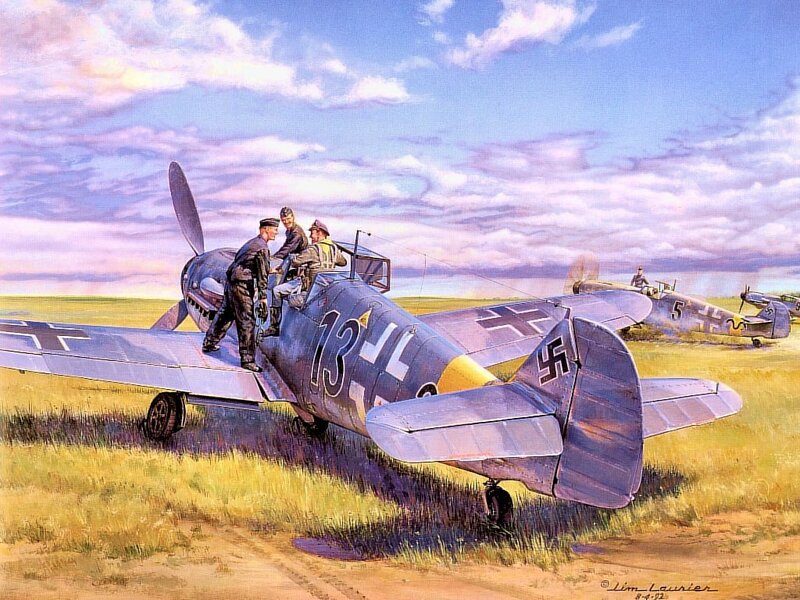 German Fighter Plane — Blue, Dramatic, Afternoon, Illustration, Soldiers