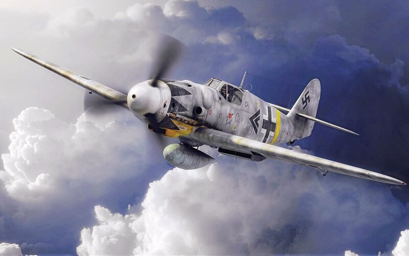 German Fighter Plane — Gray, Dramatic, Digital Art, Clouds