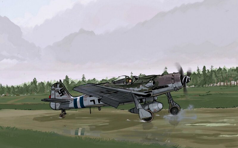 German Fighter Plane — Green, Dramatic, Illustration