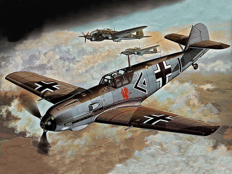 German Fighter Planes — Gray, Dramatic, Illustration, Aircraft, Clouds