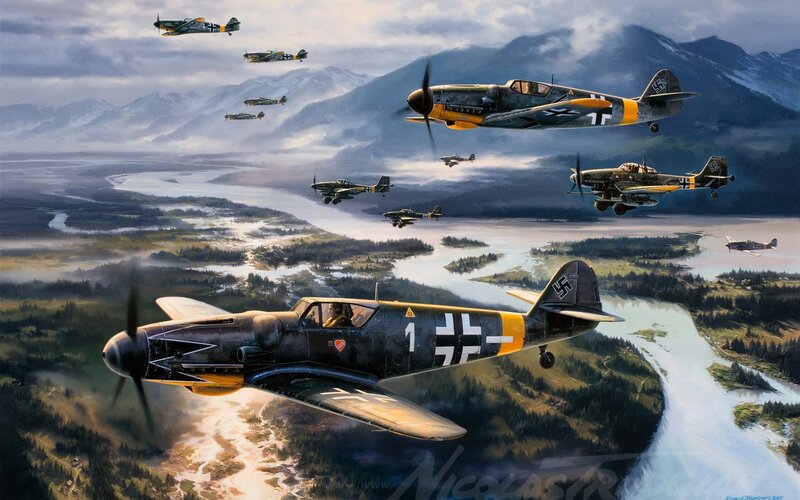 German Fighter Planes — Green, Dramatic, Afternoon, Illustration, Aircraft