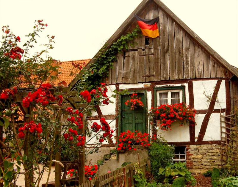 German half-timbered house with flowers