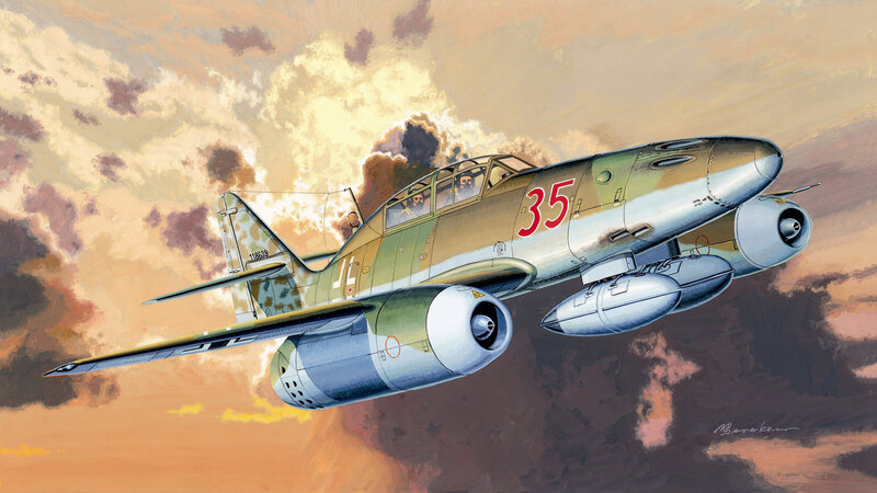 German Jet Fighter — Green, Dramatic, Sunset, Illustration, Aircraft