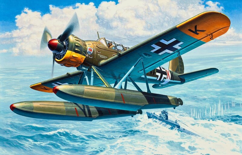 German Seaplane in Flight — Blue