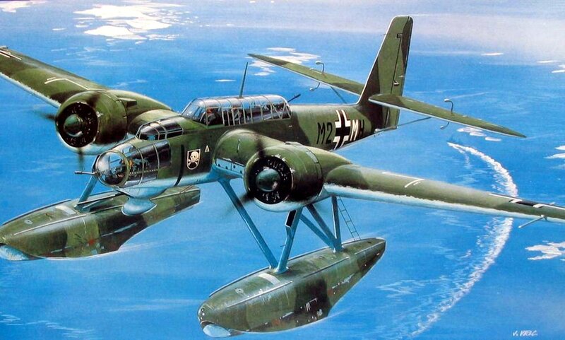German Seaplane in Flight — Green