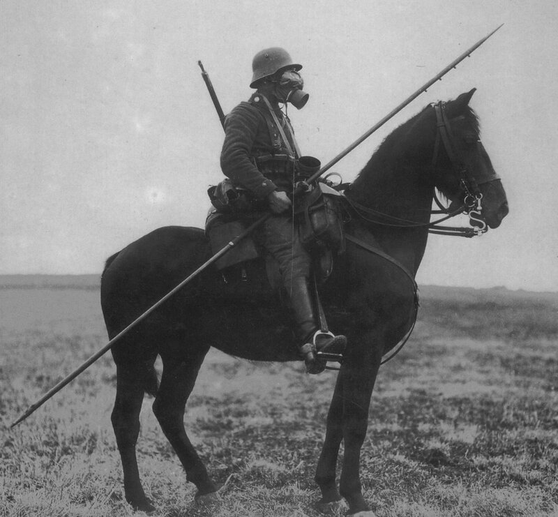 German soldier on horseback with gas mask