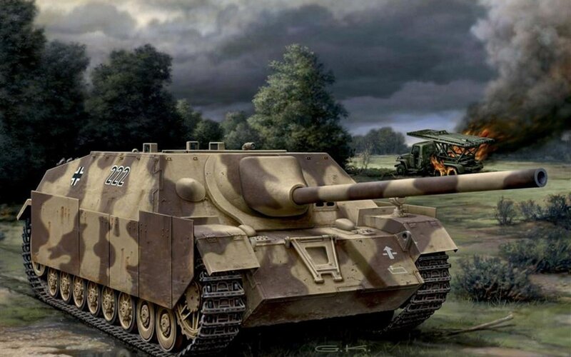 German Tank in Field — Brown, Dramatic, Illustration