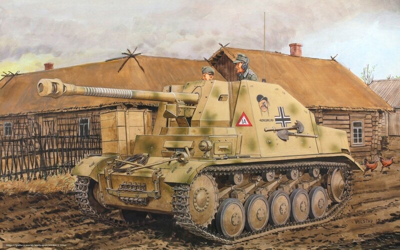 German Tank in Village — Brown, Dramatic, Afternoon, Illustration