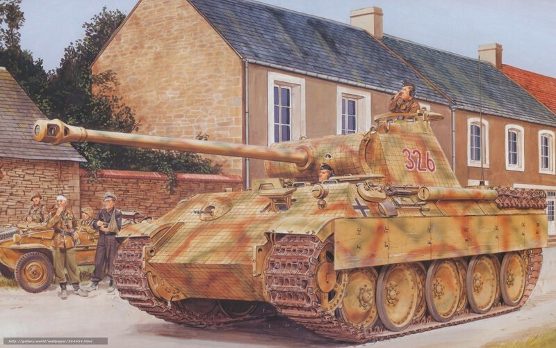 German Tank in Village — Brown, Dramatic