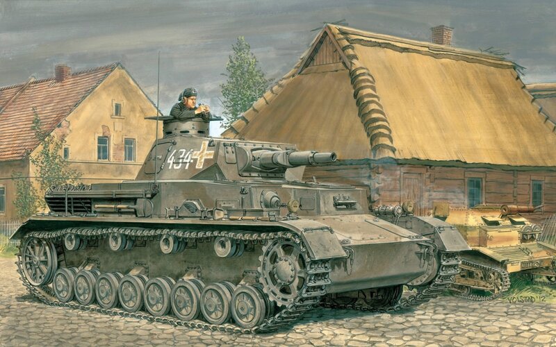 German Tank in Village — Gray