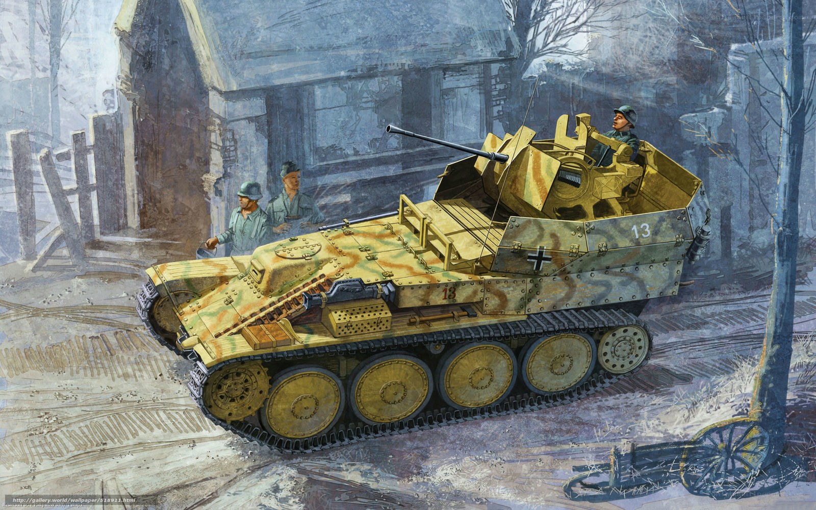 German tank in winter village