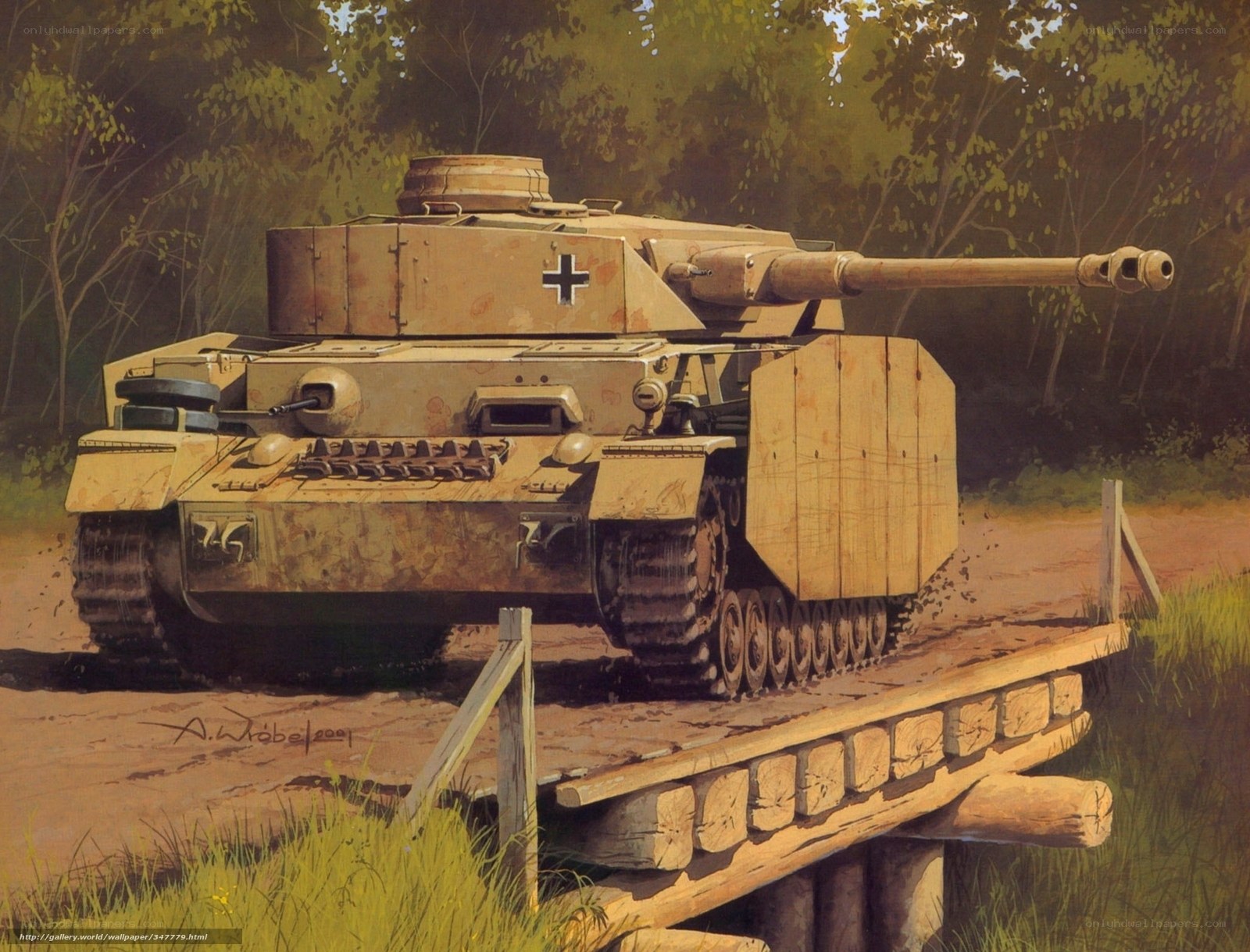 German tank on wooden bridge