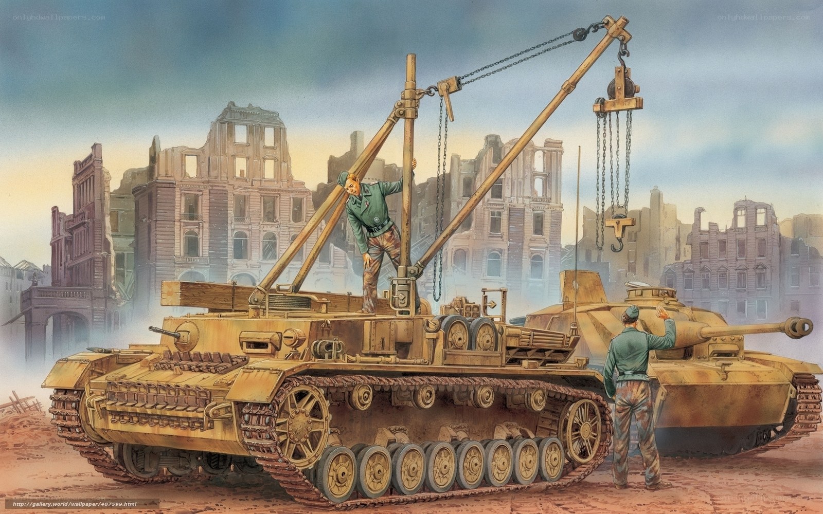 German tank recovery in war-torn city