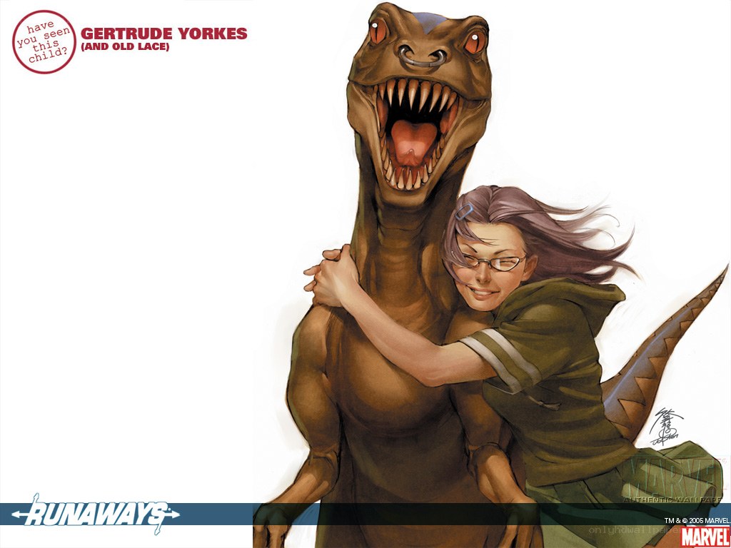 Gertrude Yorkes hugging a dinosaur